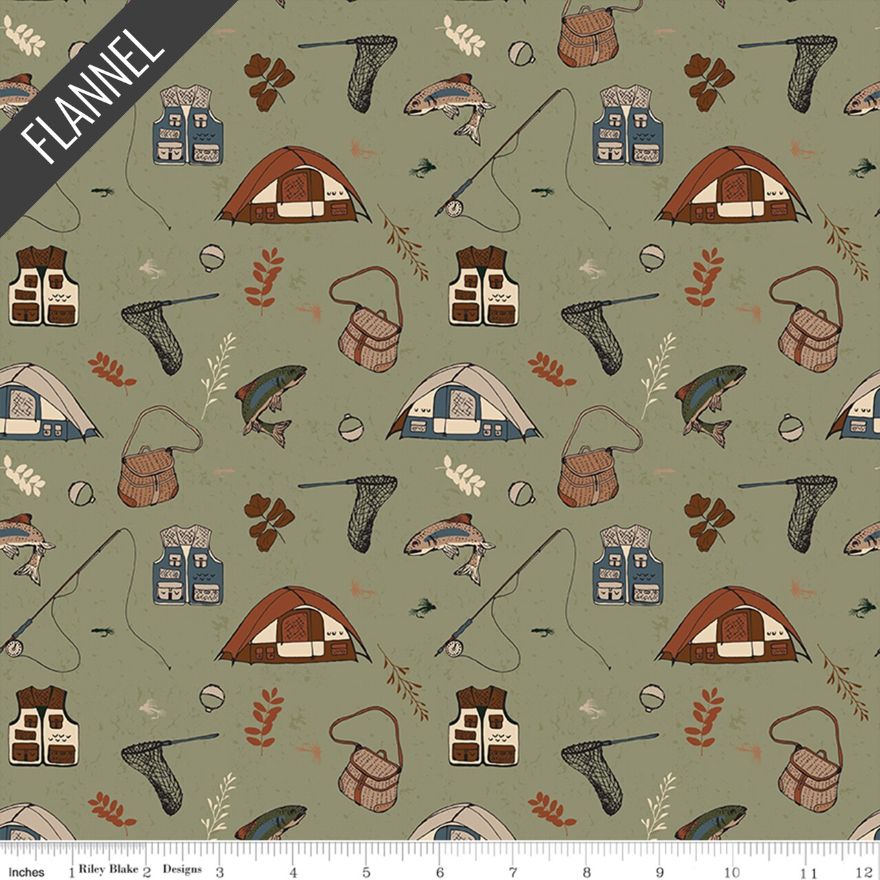 Let's Wander Gone Fishing Flannel in Sage (f17504-sage) | Designer Flannel | Riley Blake Designs | Riley Blake